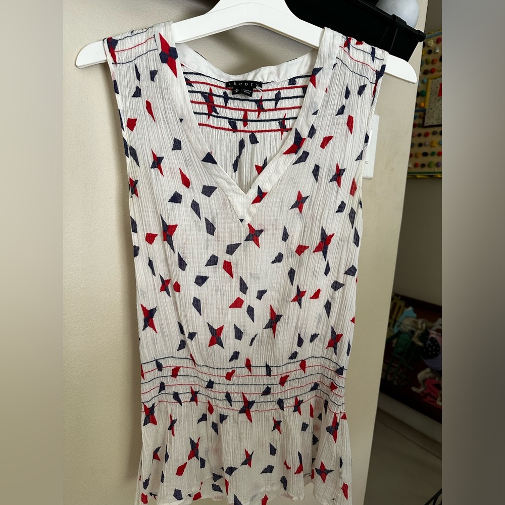 Theory Womens Blouse- Red, White & Blue Geometric Print- S